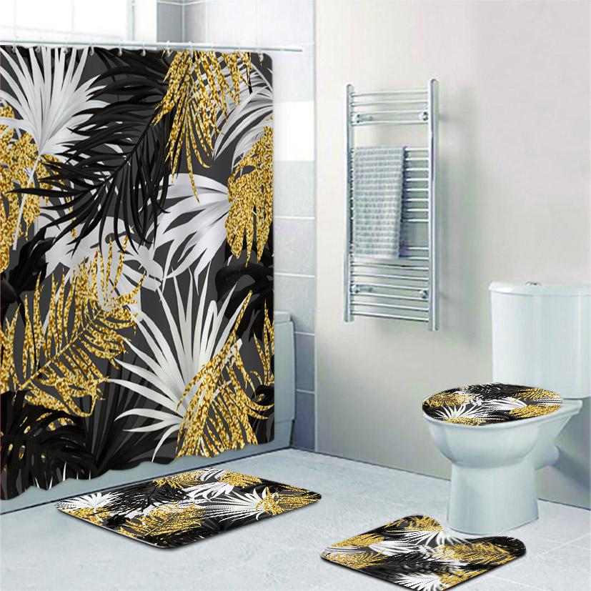 Black And Gold Tropical Plant Palm Leaf Bathroom Shower Curtain Set For Bathtub Exotic Leaves Bath Mats Rugs Toilet Home Decor