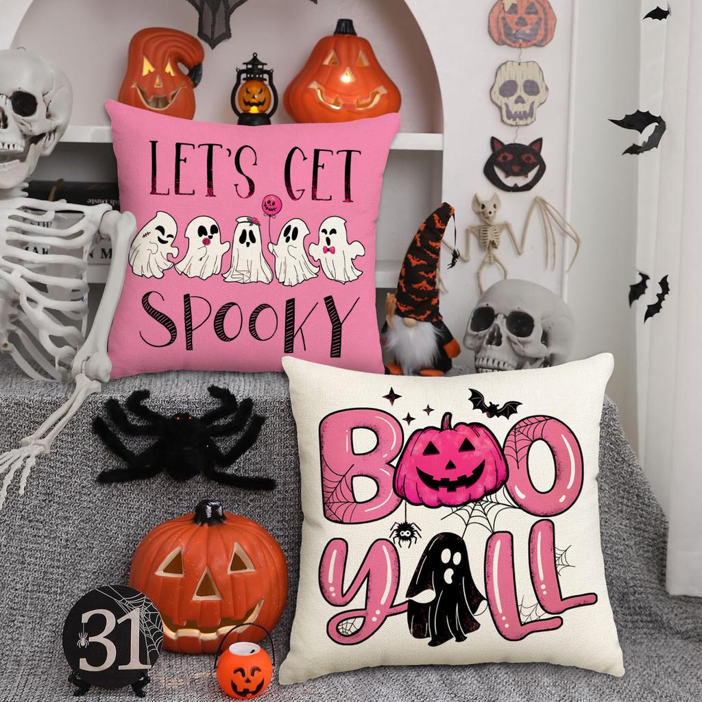 1pc Pink Cushion Cover with Lovely Ghost Words Pattern Kids Boy Girl Festival Gifts Holloween Party Living Room Couch Decoration