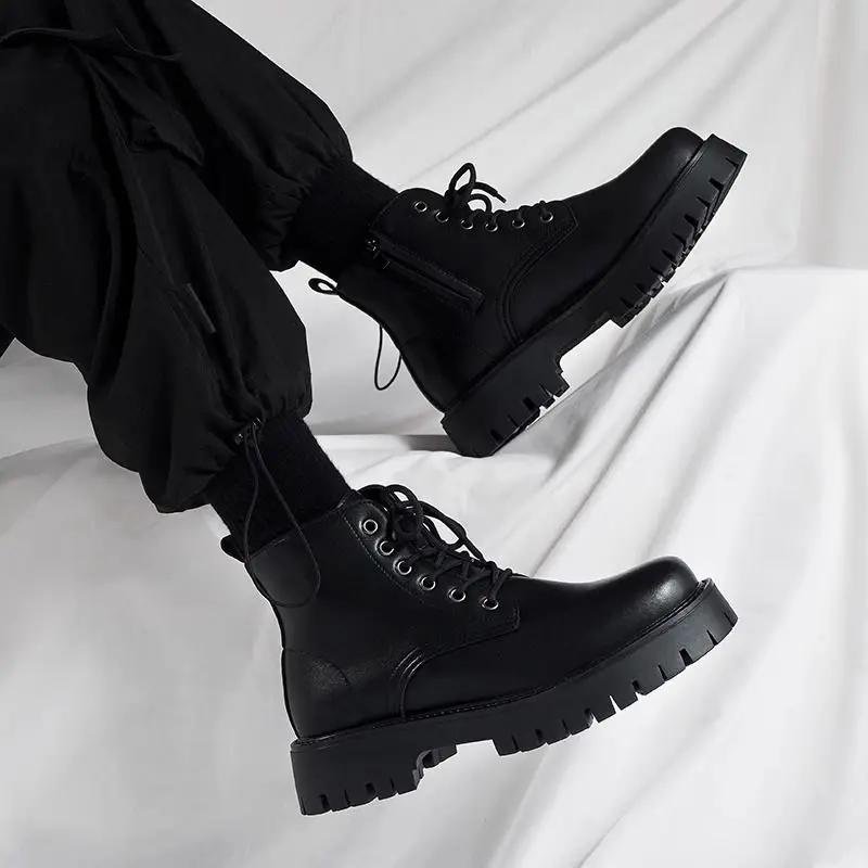 Male Casual Boots Thick Sole Lace Up Non Slip and Waterproof Men's Leather Shoes Platform Classic Original On Sale Cowhide Pu