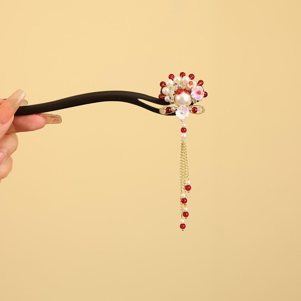 Red Wooden Hair Stick Tassel Hanfu Hairpin Classical New Chinese Style Hair Clip  Bridal