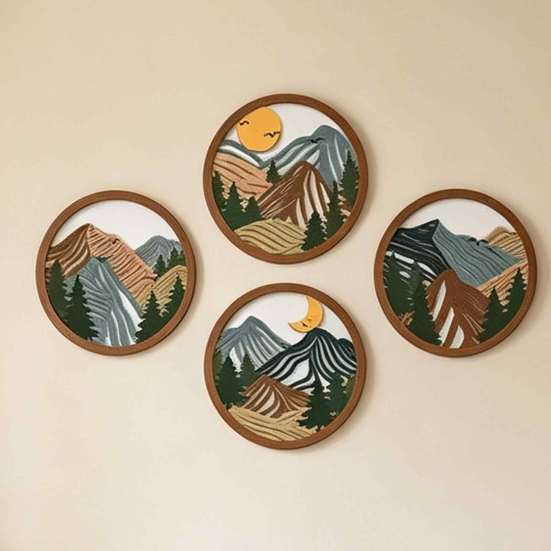 Boho Home Decor 4Pcs Wooden Mountain Wall Art, 2D Flat Abstract Landscape Decor, Geometric Forest Hanging Office Decoration Sign, Natural Artwork, Sun