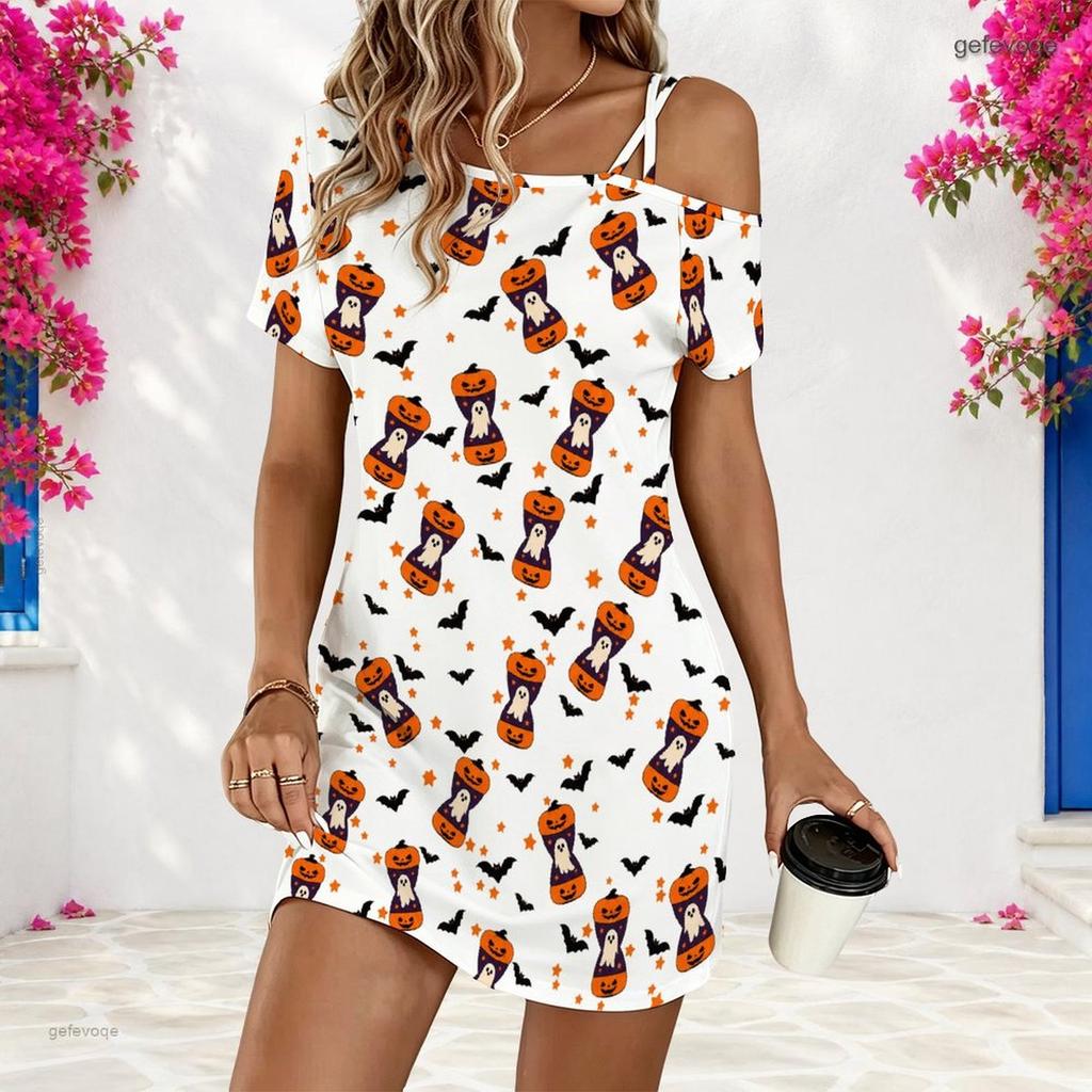 Women Plus Size One Shoulder Strappy Short Sleeve White Cartoon Wolf Printed Loose Dress
