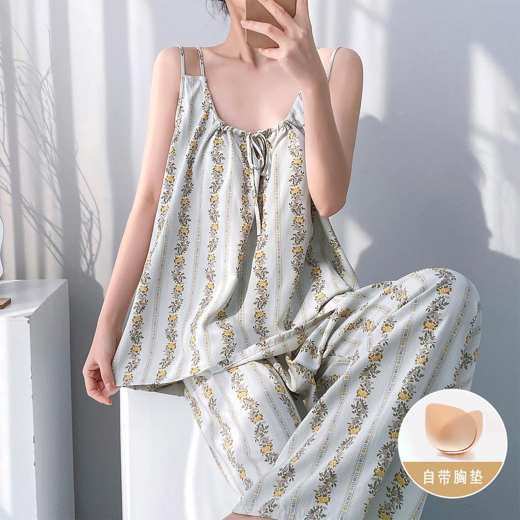 Cotton silk suspender trousers pajamas two-piece set with chest pad book artificial cotton women's suit summer solid color loungewear