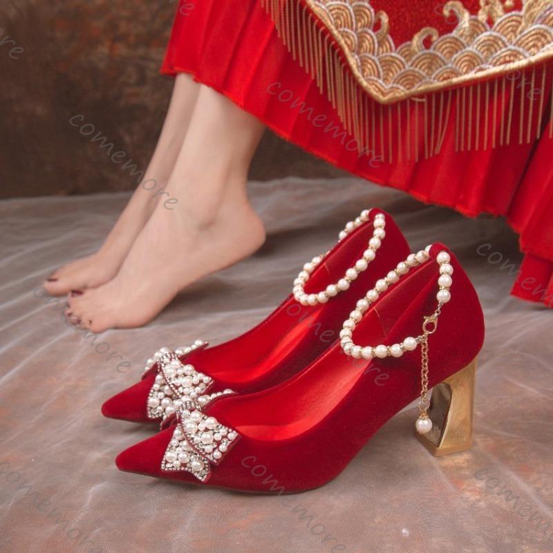 Fashion Comemore Spring and Autumn New Bridal Shoes High Heels Pointed Toe Women Pumps Ankle Pearl Buckle Shallow Mouth Heels for Women