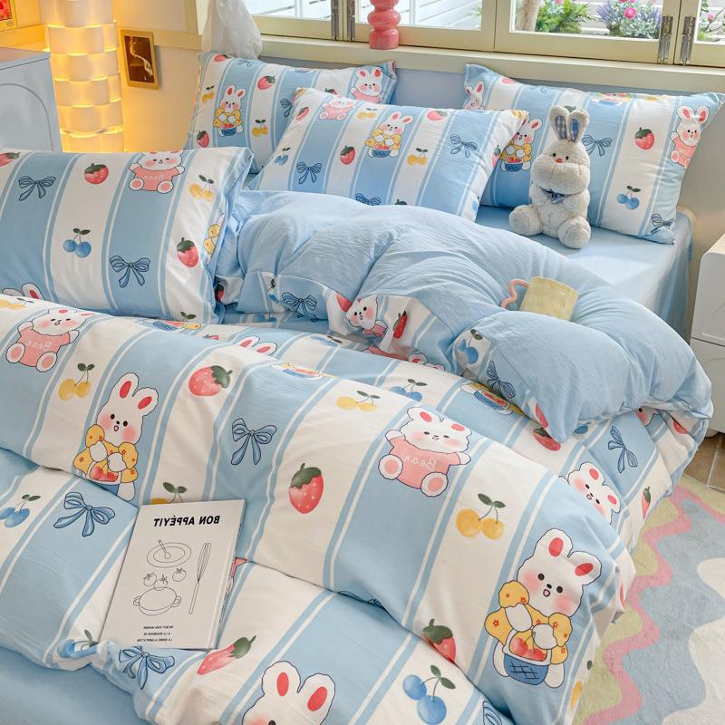 Class A Maternal And Infant Grade Washed Cotton Four-Piece Set Cotton Cartoon Small Fresh Pure Cotton Mattress Quilt Cover 3Pcs Set