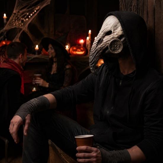 Comfortable Breathable Face Masque Long Nose Raven Masquerade Masque, Steampunk Bird Beak Cosplay Costume, Retro Wood Grain Cushion Latex Scary Creepy