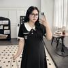 Plus size women clothing [Preppy Black Dress] Contrast Color Doll Collar Embroidered High Waist Belly Covering Summer Short sleeve Dress
