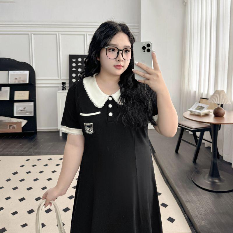 Plus size women clothing [Preppy Black Dress] Contrast Color Doll Collar Embroidered High Waist Belly Covering Summer Short sleeve Dress