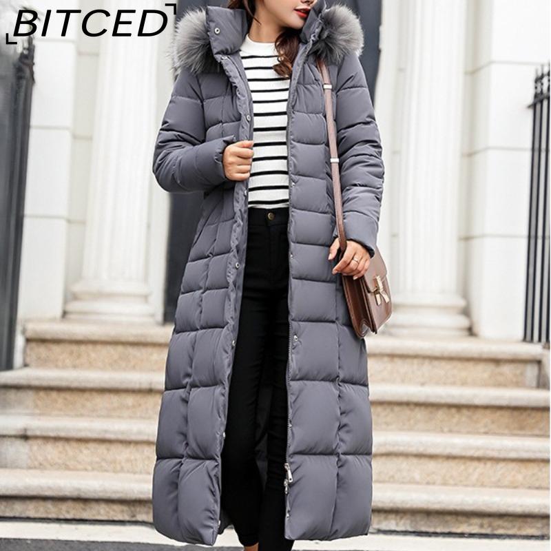 BITCED Winter Women's Cotton Coat - Extended Length with Large Fur Collar Thickened Long-Length Women's Down-Filled Cotton Jacket