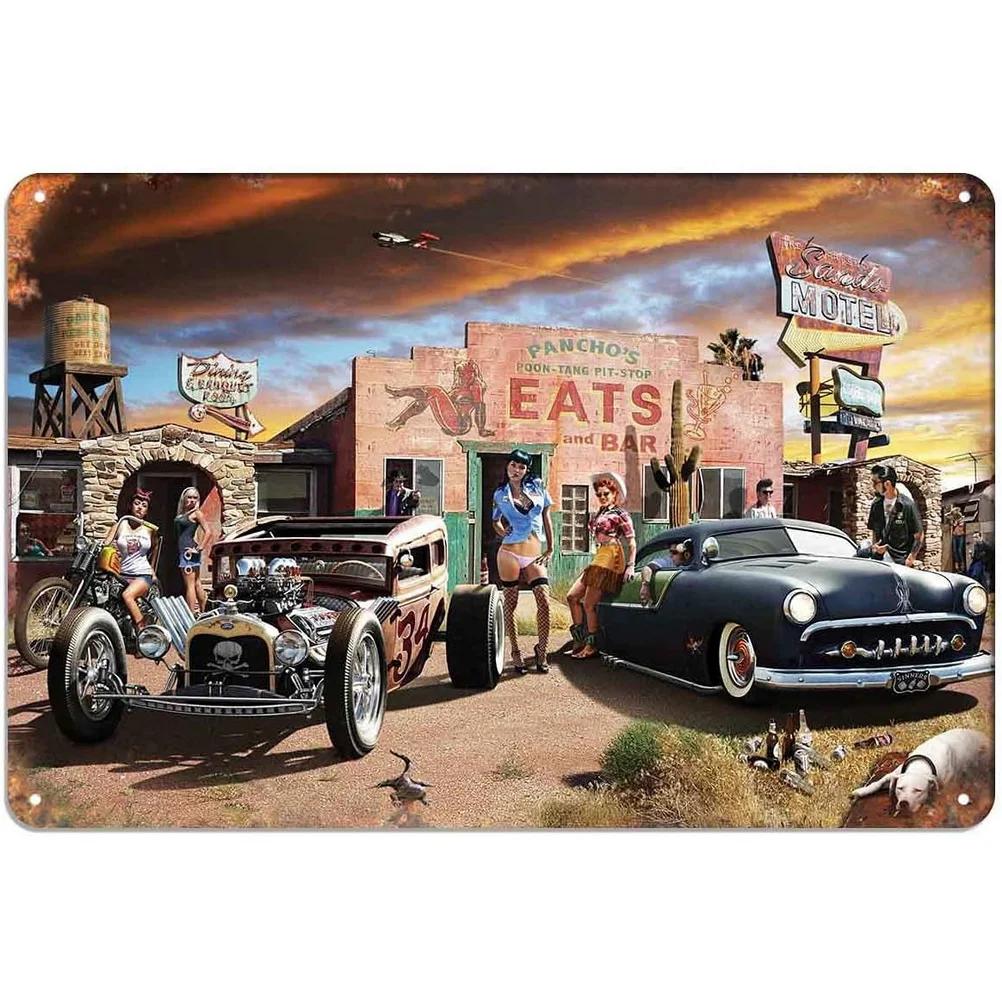 Vintage Motel Metal Tin Signs Wall Art Route 66 Car Posters for Garage Motel Hotel Club Cafe Bars Pubs Iron Painting Decoration