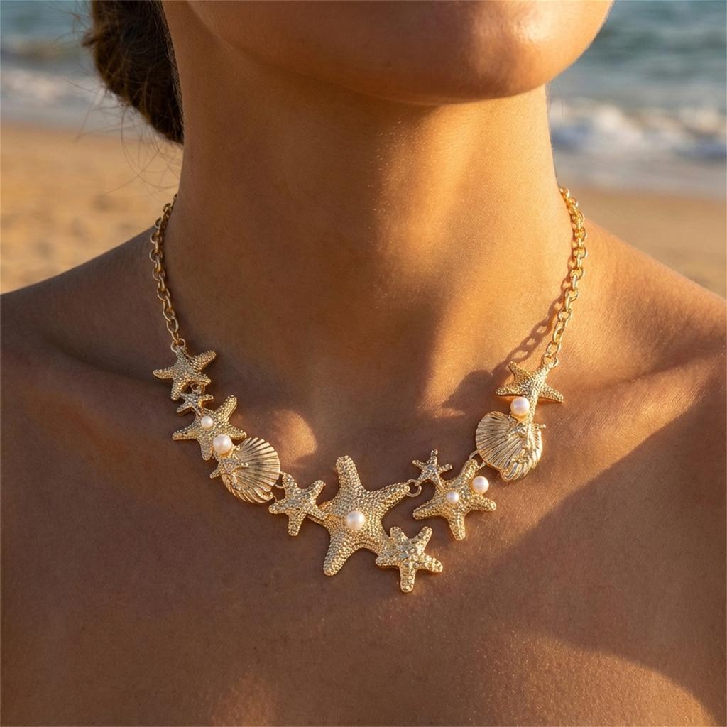 Starfish Shell Imitation Pearl Necklace Summer Beach Vacation Style Accessory Personality Daily Accessory