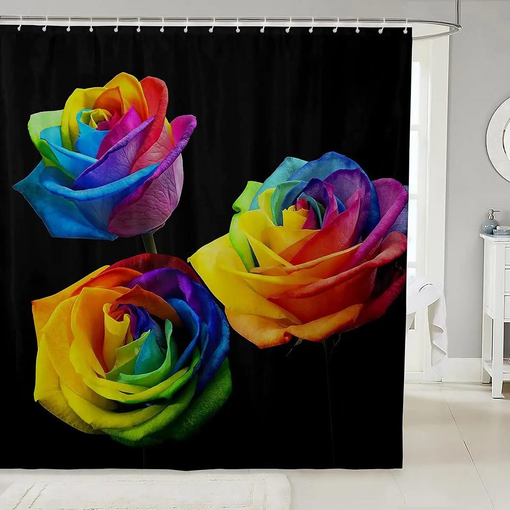 Rose Shower Curtain for Girls Couple Valentines Day Gift Romantic Floral Bath Curtain Botanical Flower Nature Bathroom Curtain