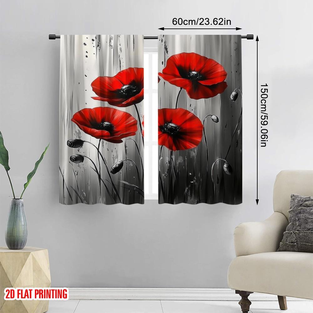 2pcs,2D Plane Printing Popular Curtains Poppy Elegance Versatile Durable Polyester (without Rod) Room Decor for Living Room,