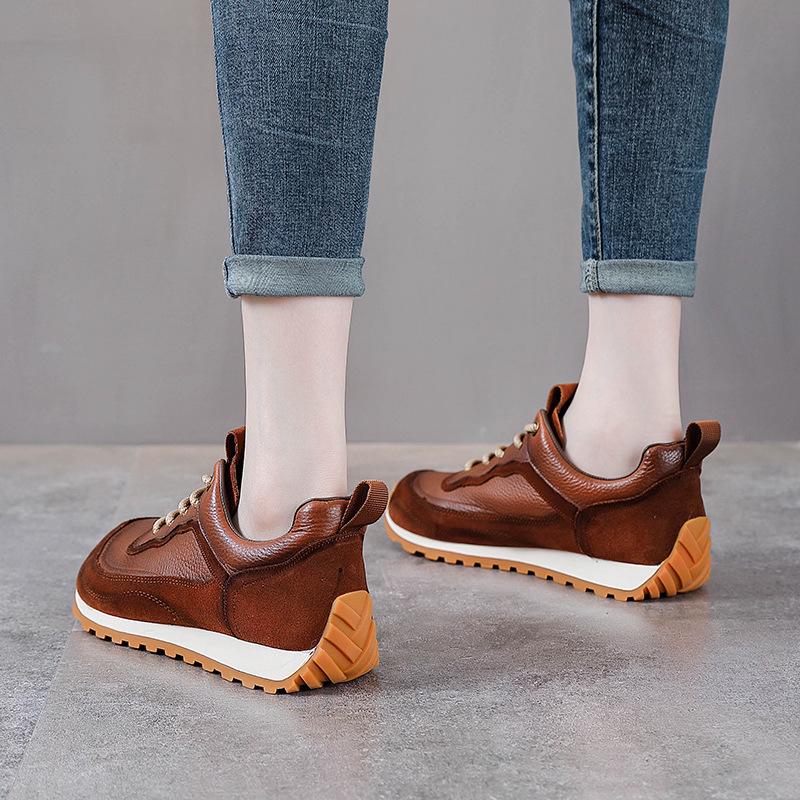 Women's Thick Sole Genuine Leather Dad Shoes - Height-Increasing, Casual Autumn/Winter Sports Sneakers