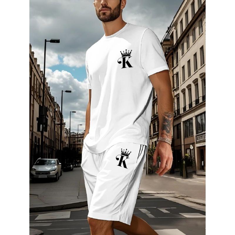 2026 New Summer Men's Casual Loose-Fit Set Two-Piece Set with Oversized Letter Print Round-Neck Short-Sleeve Top and Shorts