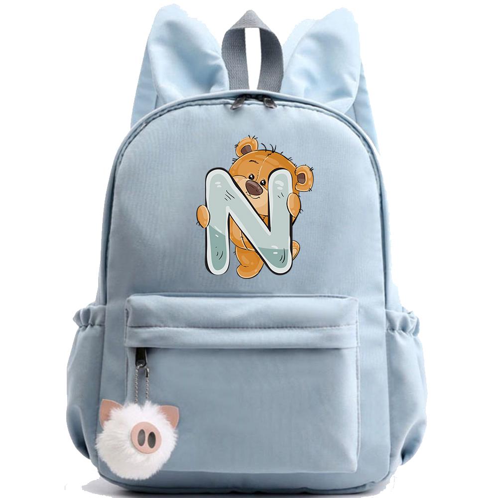 Little Bear 26 English Letters Backpack Printed School Bag for Teenager Kid Boy Girl Student Cartoon Bookbag Outdoor Rucksack
