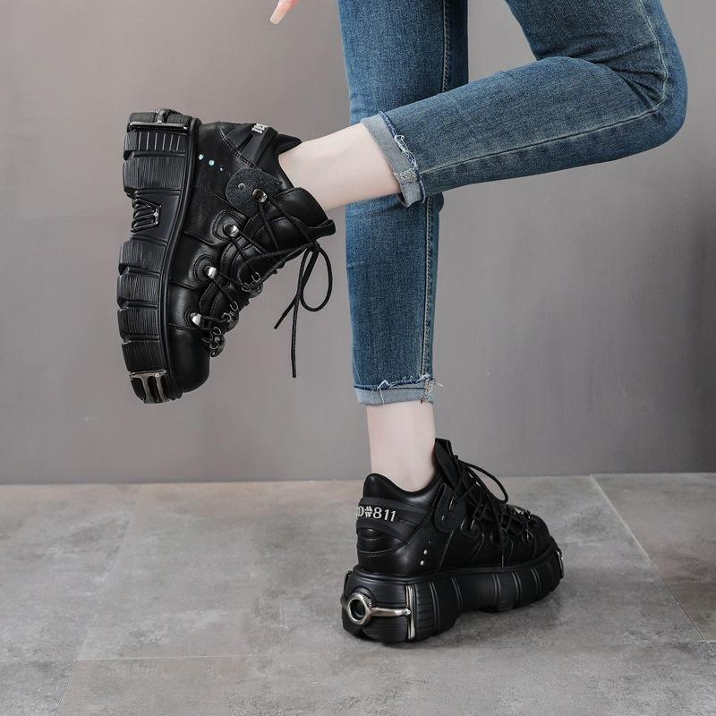New Rock Shoes Women Pumps Shoes Heavy Metal Thick Bottom High Top Punk Leather Shoes Gothic Dark Black Motorcycle Boots