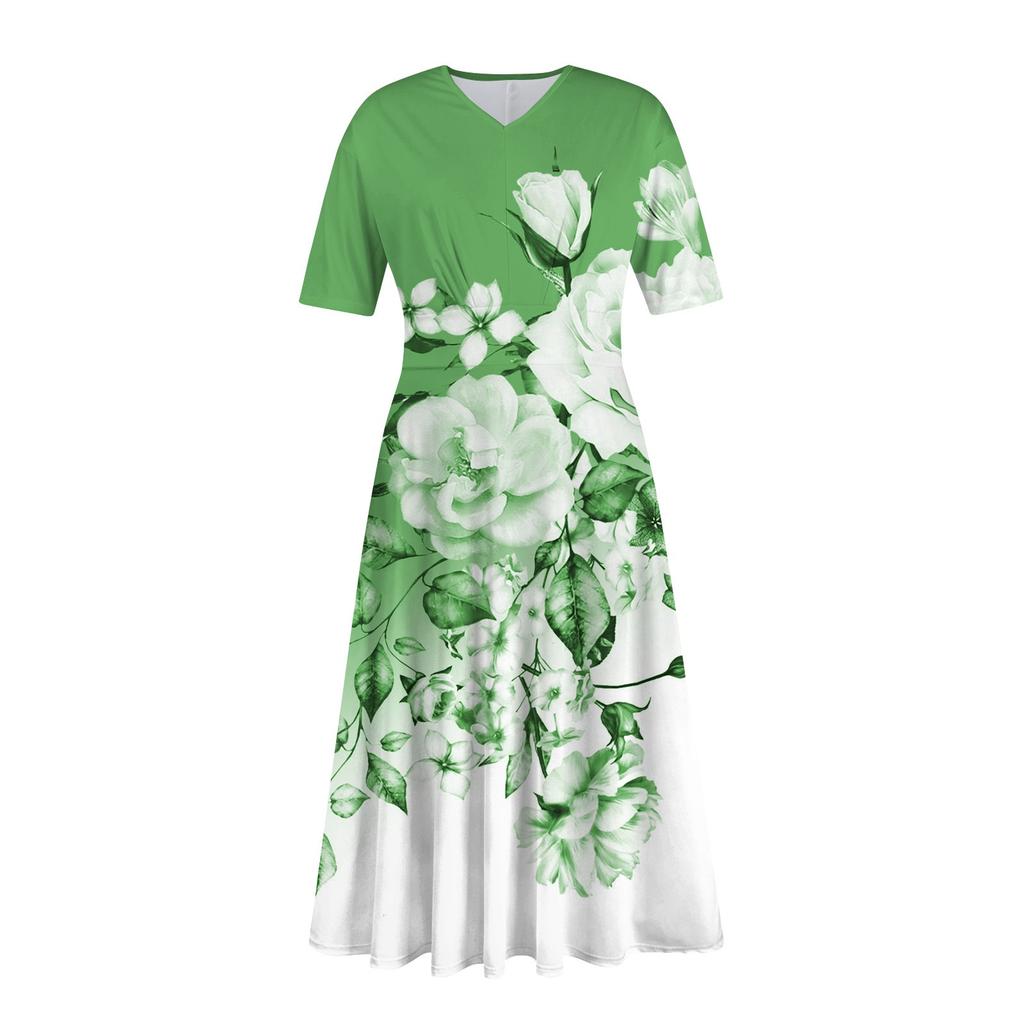 Ladies Casual Fashion Print Color V-Neck Short Sleeve Waist Long Swing Dress