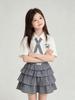 Girls' Summer POLO Collar Short Sleeve Plaid Cartoon Skirt Two-Piece Set
