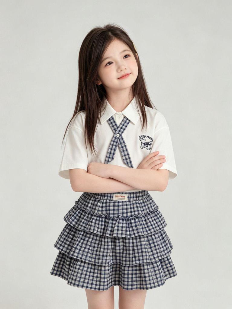 Girls' Summer POLO Collar Short Sleeve Plaid Cartoon Skirt Two-Piece Set