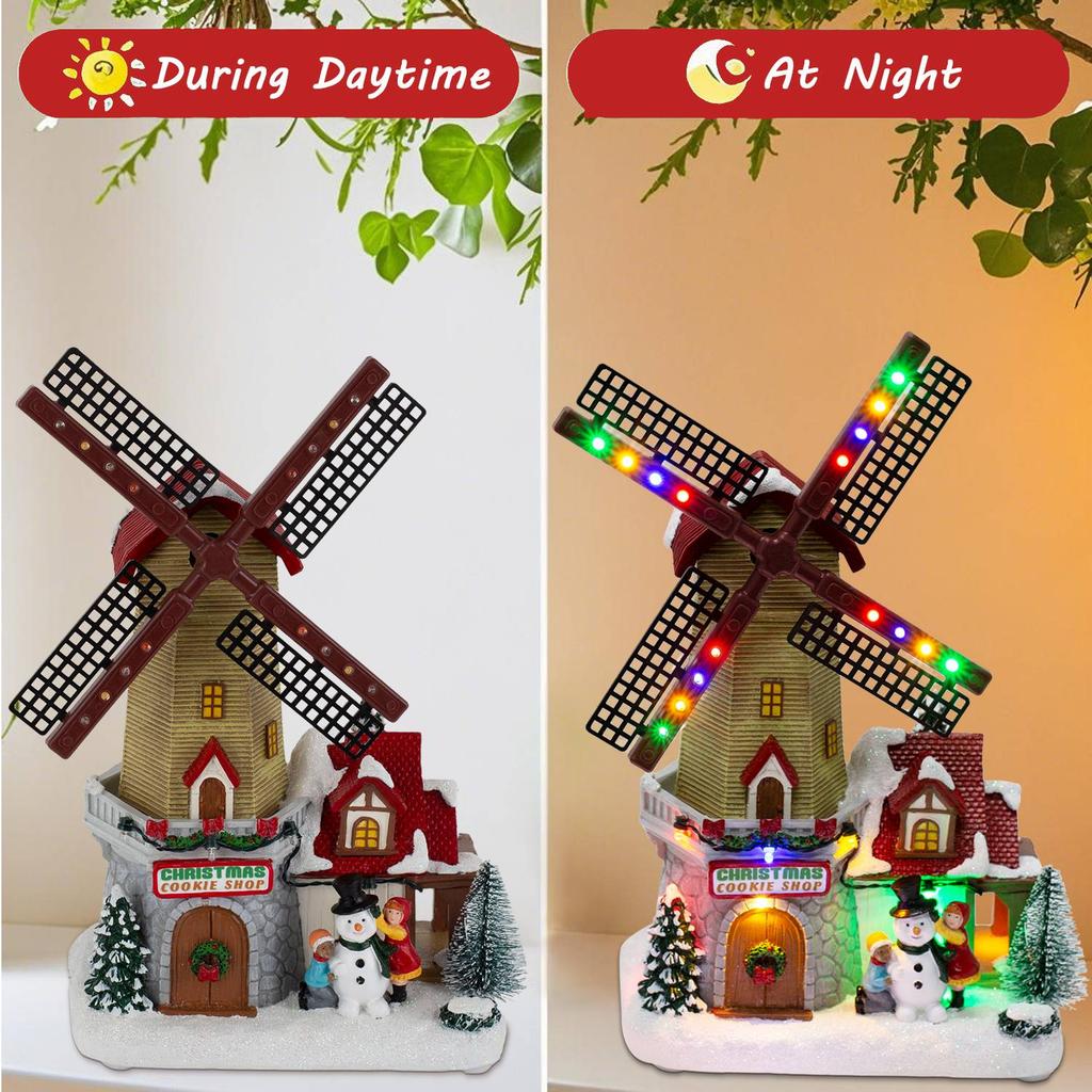 Animierte Winterliche Weihnachts-Windmühle Dorf Dekor Beleuchtete Sammlerstück Gebäude Szene Musikalisch Innen Feiertags-Tisch Heim Ornament