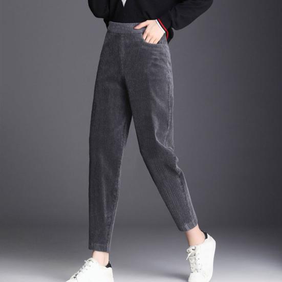Women Autumn Winter Corduroy Harem Pants Elastic Waist Pockets Solid Color Long Trousers Thickened Fleece Lining Casual Pants