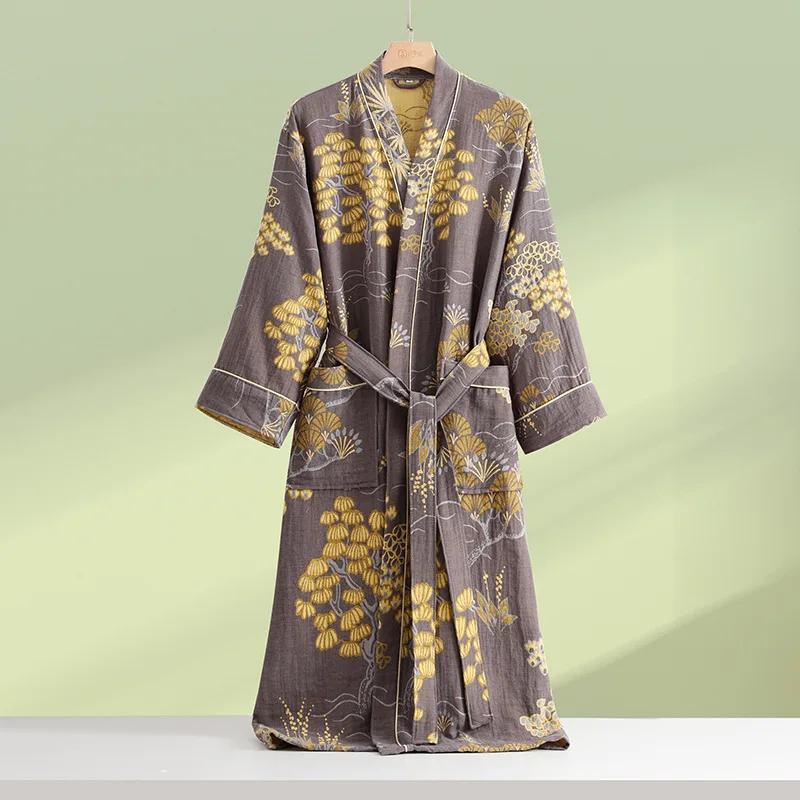 Print Flower Cotton Gauze Kimono Bathrobe Gown Female Robe Negligee Loose Home Dressing Gown Sleepwear Spring Summer Nightwear