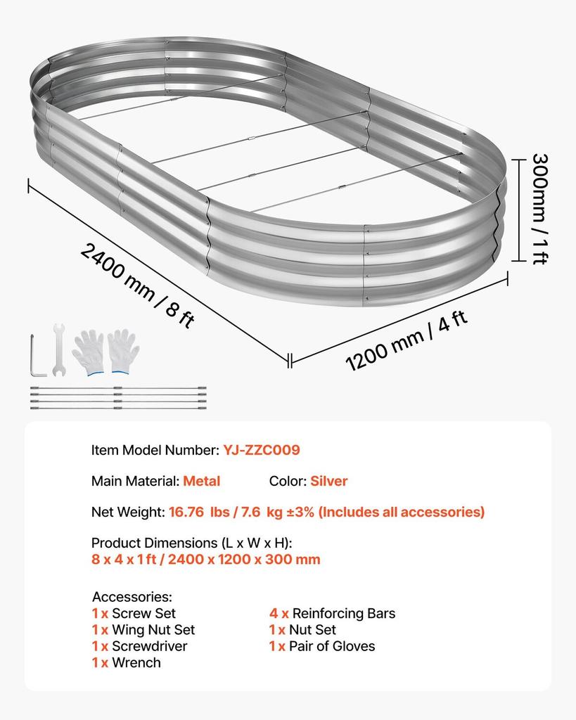 Galvanized Raised Garden Bed, 240 X 120 X 30 Cm, Oval Metal Planter Box Kit Outdoor, Bottomless Elevated Garden Box with Gloves, Rustproof Alu-Zinc,