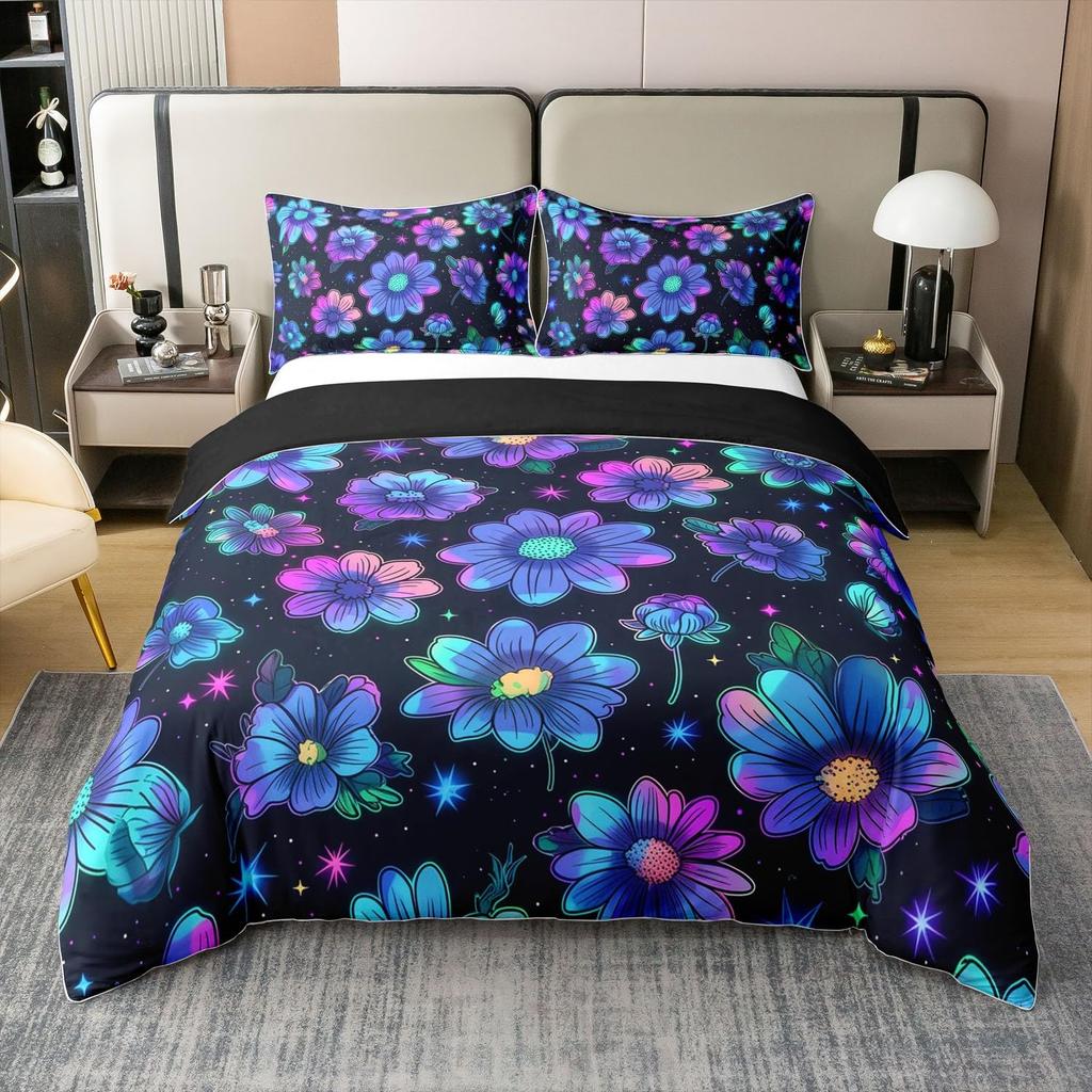 Blue Flowers Duvet Covers For Kids Teens Adults Queen King Lightweight Quilt Cover With 2 Pillowcases Nature Themed Bedding Sets