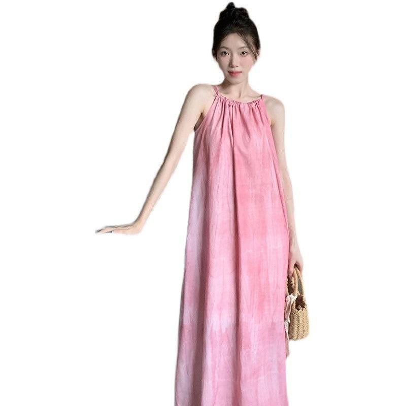 Loose lazy wind sweet and spicy pink suspender dress women's skirt seaside vacation beach dress hanging neck