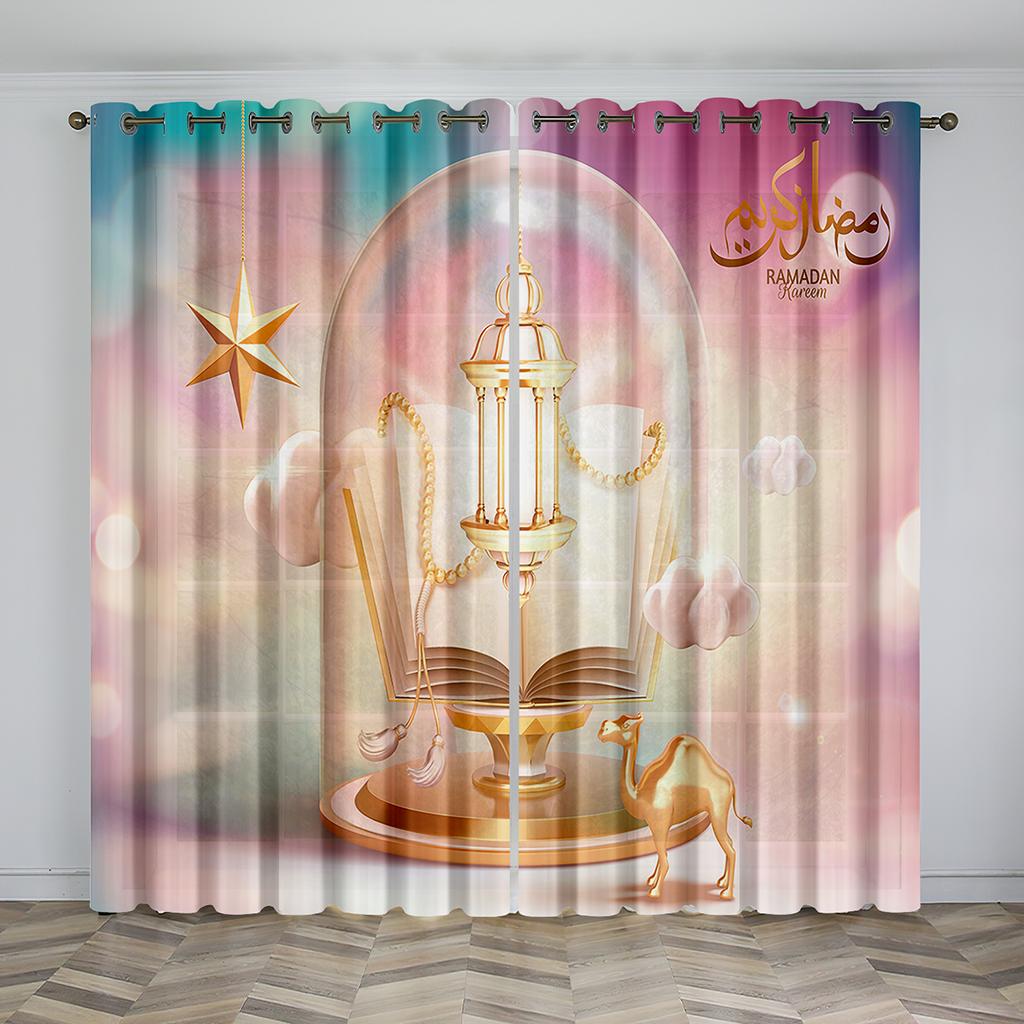 Hot Selling Eid Mubarak Lslamic Muslim Ramadan Festival Shading Drapes Window Curtain for Living Room Bedroom Decor 2 Pieces