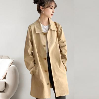 Women Jacket Turn-down Collar Long Sleeves Button-down Windbreaker Loose Pockets Mid Length Outdoor Travel Commuting Overcoat
