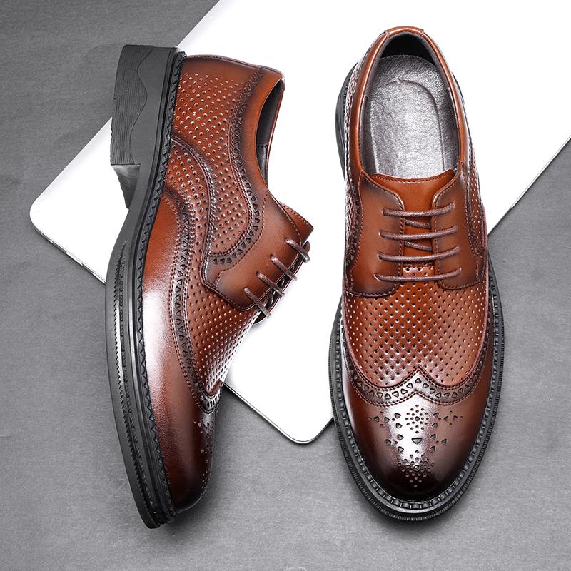 New Spring/Summer Men's Block Lace Up Business Leather Shoes Summer Hollow Comfortable Banquet Party Comfortable Leather Shoes
