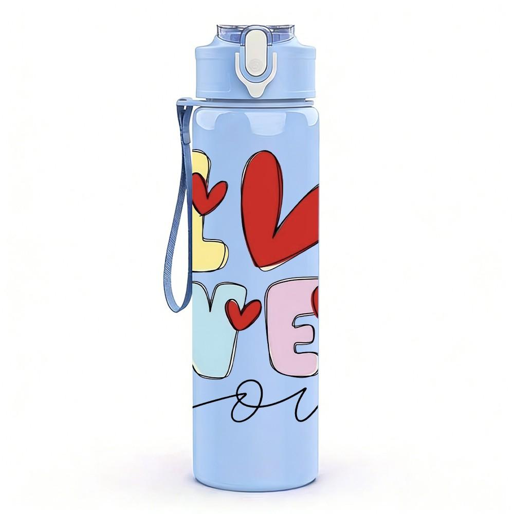1PC Love You Cursive Letter Pattern 750ml Color Plastic Sports Water Bottle Leakproof Flip Straw Lid Suitable for Sports Office Home Use