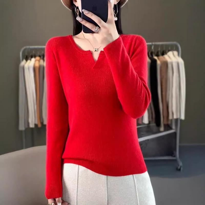 Autumn and winter new long-sleeved solid-color slim-fit bottoming shirt round V-neck sweater women's knitted sweater jumper top