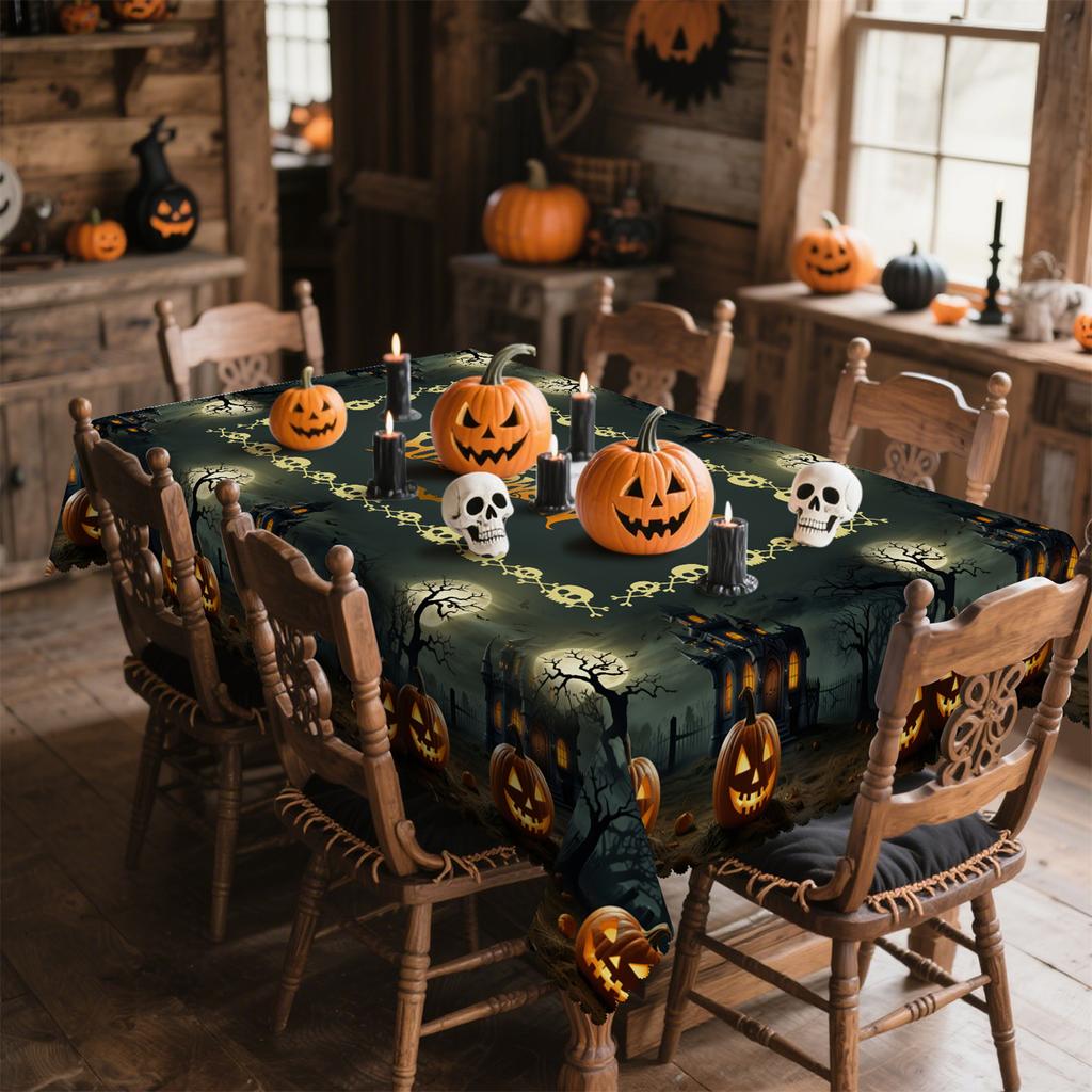Pumpkin lanterns, withered trees, full moon, ancient castle, Halloween tablecloth - 1 set, suitable for indoor and outdoor use