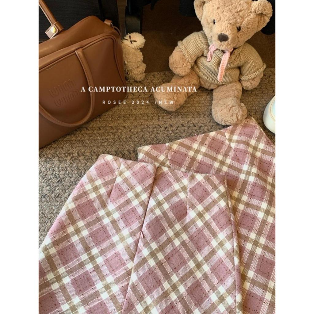 Academy Style Pink Plaid A-line Wool Skirt - Hip-Hugging for Spring & Autumn