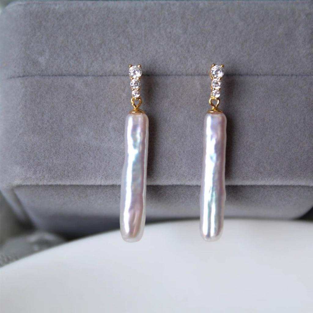 Lange natürliche Süßwasser-Barockperlen-Steckohrringe dünne Silbersteg-Ohrringe S925 Silbernadel Zirkon vergoldete Ohrringe schlicht