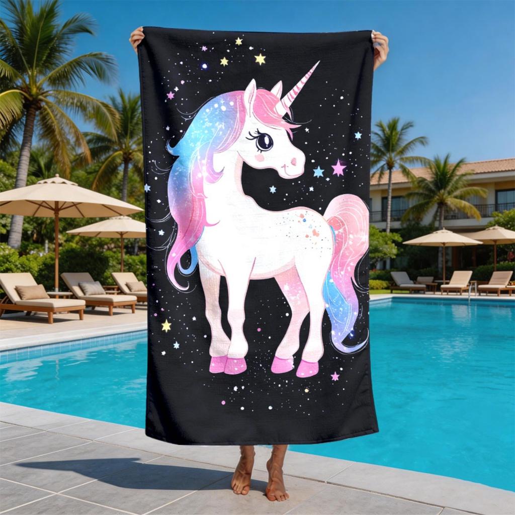 Dreamy Starry Sky Unicorn Theme Polyester Microfiber Beach Towel Is Highly Absorbent, Suitable For Swimming And Beach Outings
