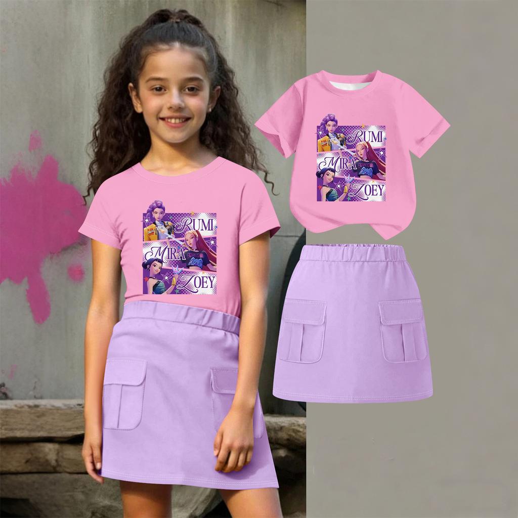 Kinder Sommer Sport T-Shirt und Röcke 2-teiliges Outfit Trainingsanzug Set Kurzarm Print Crop Tops mit Kleiderset