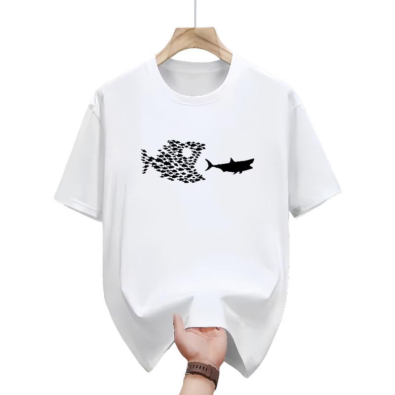Mens Big Fish Eating Small Fish Pattern Summer Casual Round Neck Short Sleeve TShirt Men Clothing Comfortable
