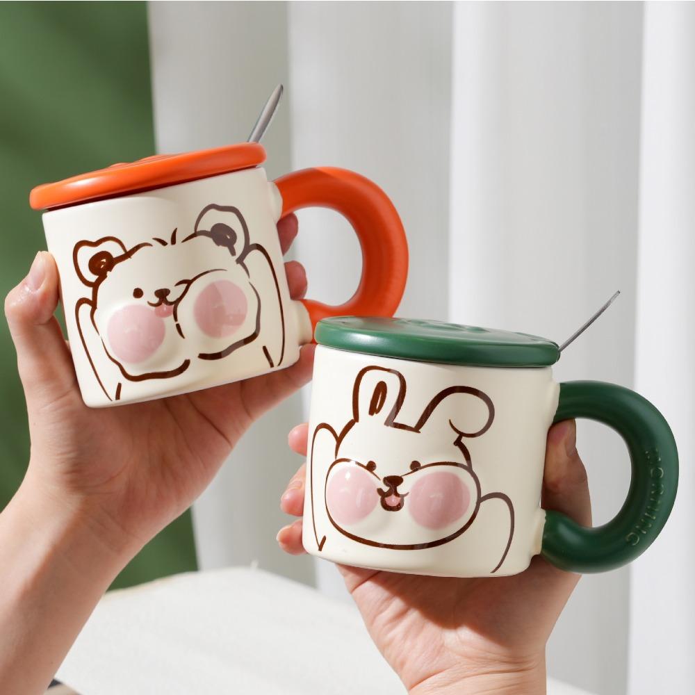 Cute Animal Milk Fufu Ceramic Cup Cartoon Mug with Lid Spoon for Girls Water Cup Household Coffee Cup Milk Cup