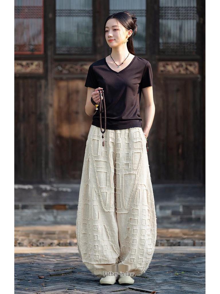 Unisex Boro-Style Linen Lantern Pants with Raw Edges for Meditation - Wide Leg & Autumn-Inspired Design