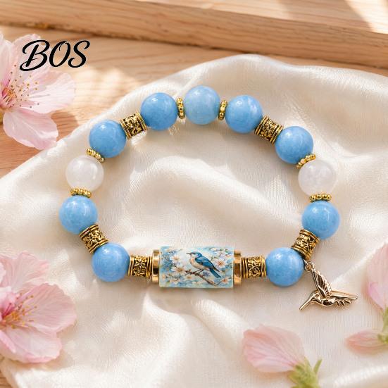 Comfortable Bracelet Blessing Birds with Premium Gift Box, Pink Cherry Blossom Multicolor Beads Elastic Design, Bee Hummingbird Bracelets for