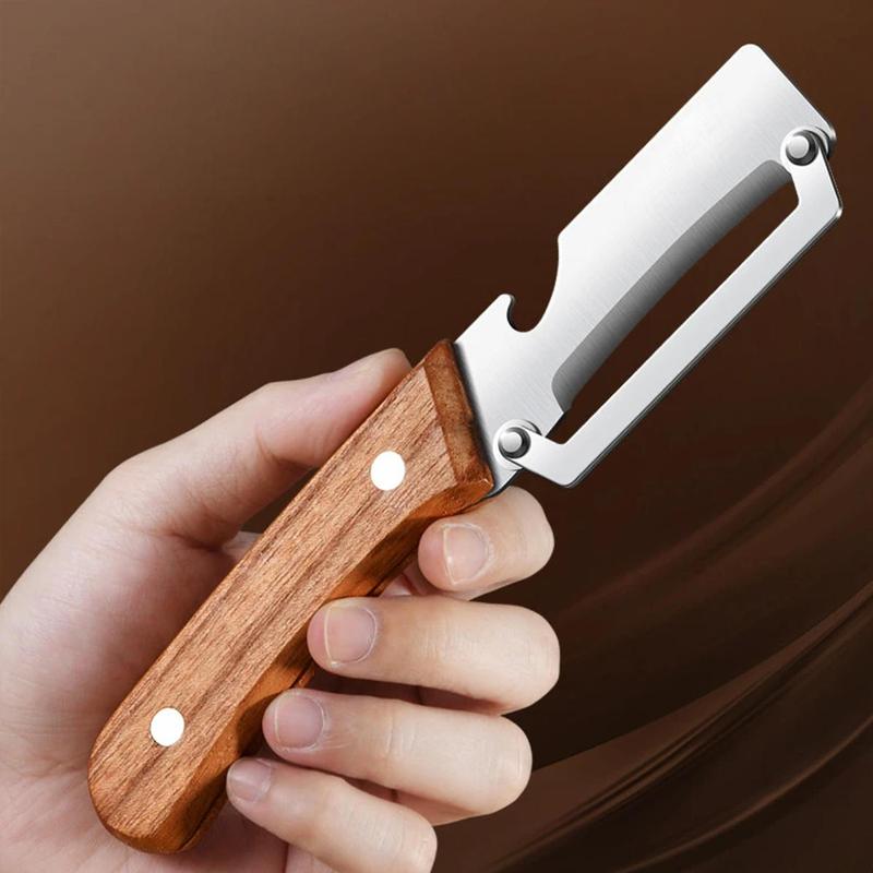 Stainless Steel Multi Functional Peeler Bottle Opener for Kitchen Dual Blades for Thick and Thin Skin Fruits and Vegetables Convenient Wooden Handle