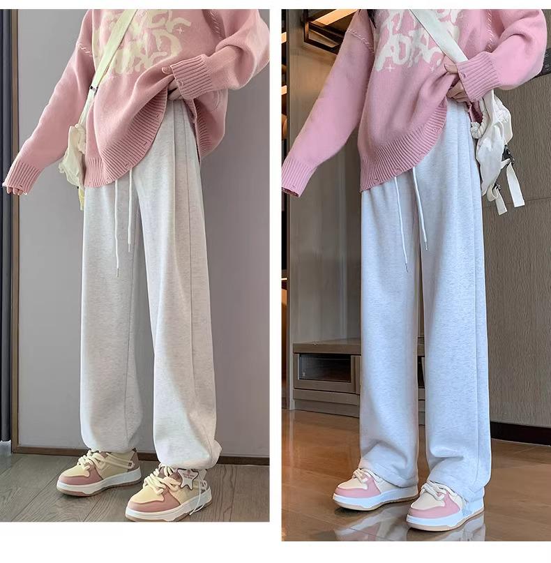 Women's High-Waisted Fleece-Lined Wide-Leg Sweatpants, Autumn/Winter 2024 - White/Gray