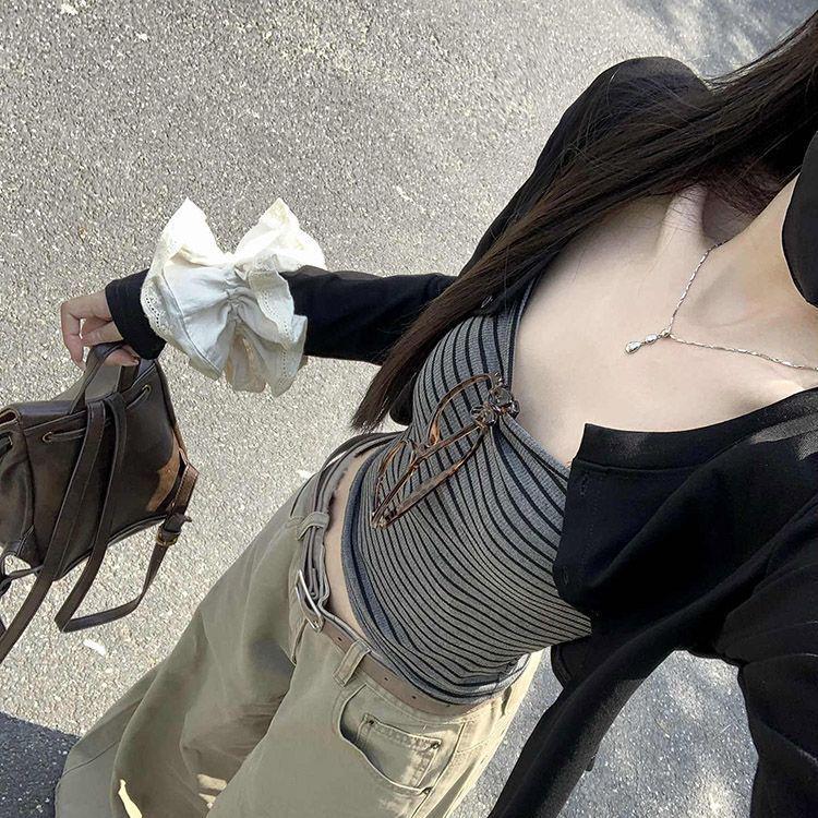

Korean Striped Camisole & Long Sleeve Cardigan Set for Women - Autumn Fashion Two-Piece M (for 90-100 Jin)