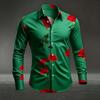 Men's Red Rose Printed Long Sleeved Shirt with White Casual Button Up Top for Romantic Occasions