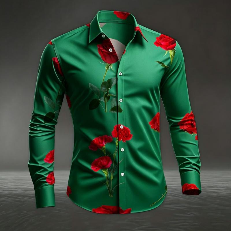 Men's Red Rose Printed Long Sleeved Shirt with White Casual Button Up Top for Romantic Occasions