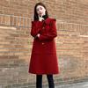 Women's Korean Style Mid-Length Red Wool Blend Coat with Peter Pan Collar - Winter Petite and Loose Fit